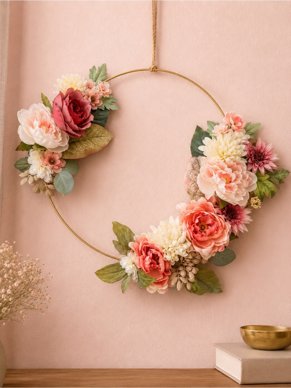 Handmade Pink & Cream Floral Hoop Wreath 19” | Gold Hoop Wall Decor